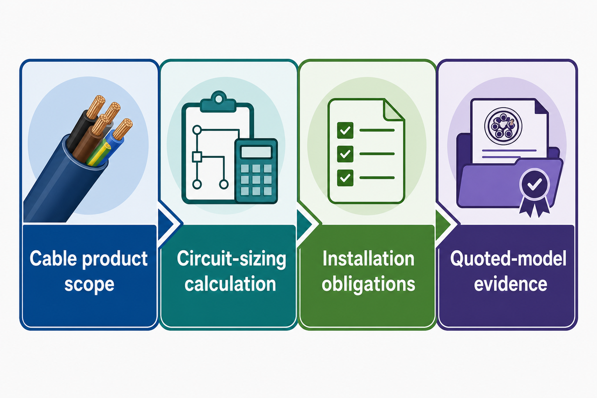 Four-layer cable decision separates product scope, sizing calculation, installation obligations and quoted-model evidence