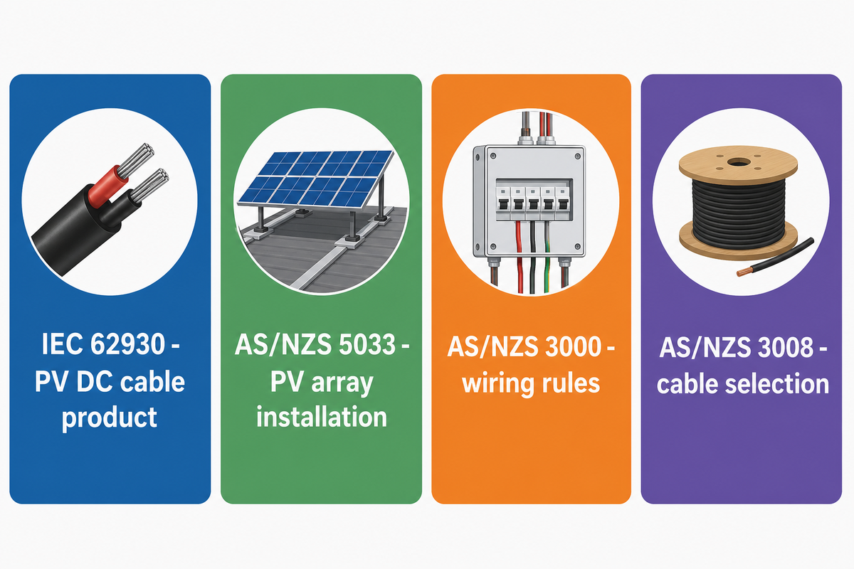 IEC 62930 covers PV cable products while AS/NZS 5033, 3000 and 3008 cover installation, wiring and selection