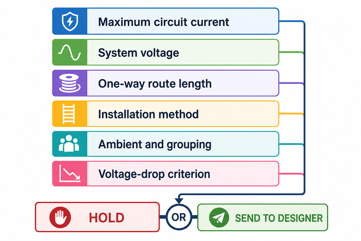 Six cable-size inputs are current, voltage, route length, installation method, ambient grouping and voltage-drop criterion