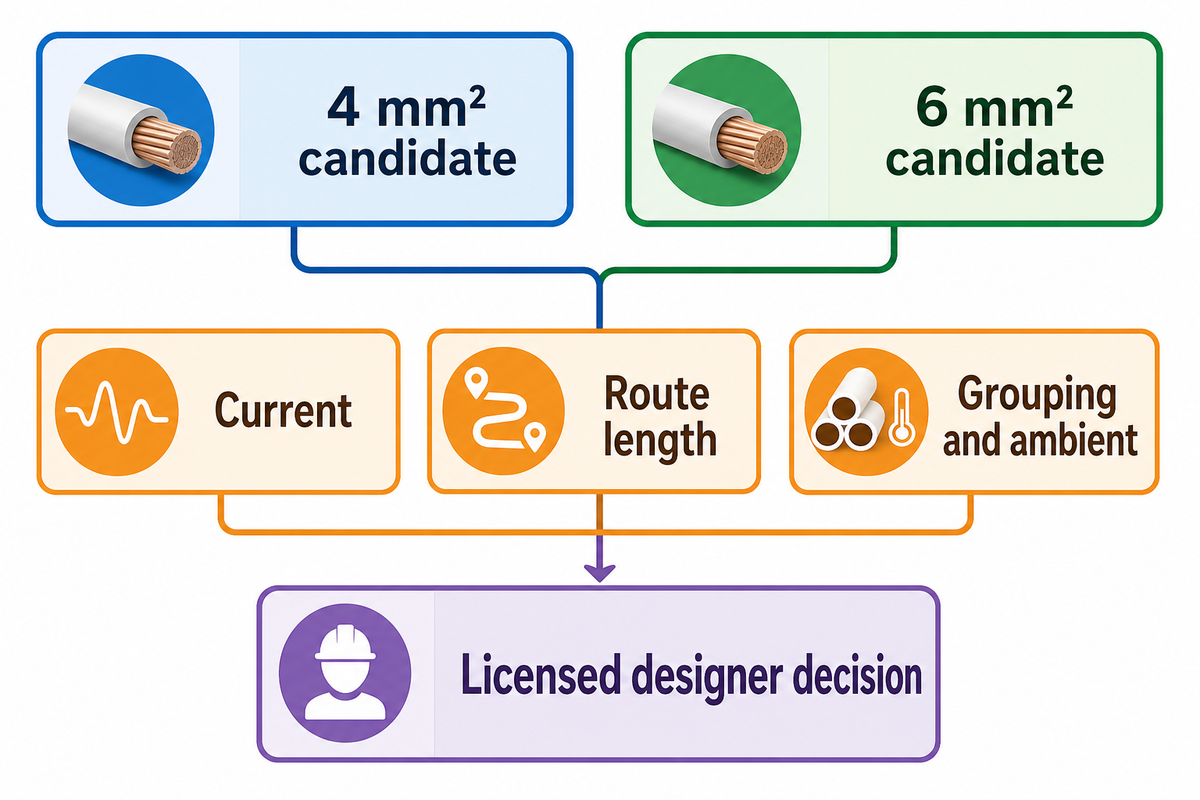 4 mm² and 6 mm² solar cable must be compared under the same current, route, grouping, ambient and design assumptions