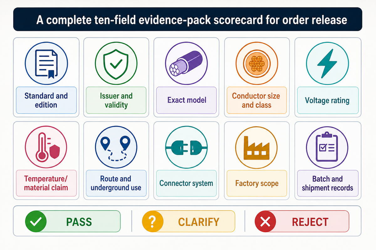 Ten-field solar cable evidence scorecard checks model, issuer, report, scope, rating, conductor, materials, route, connector and trace