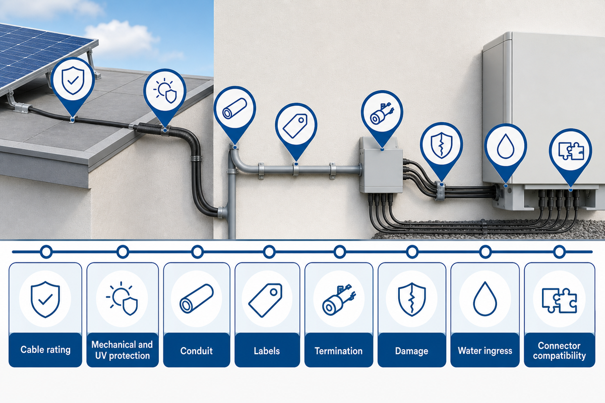 PV cable inspection checks rating, UV protection, conduit, labels, termination, damage, water ingress and connectors
