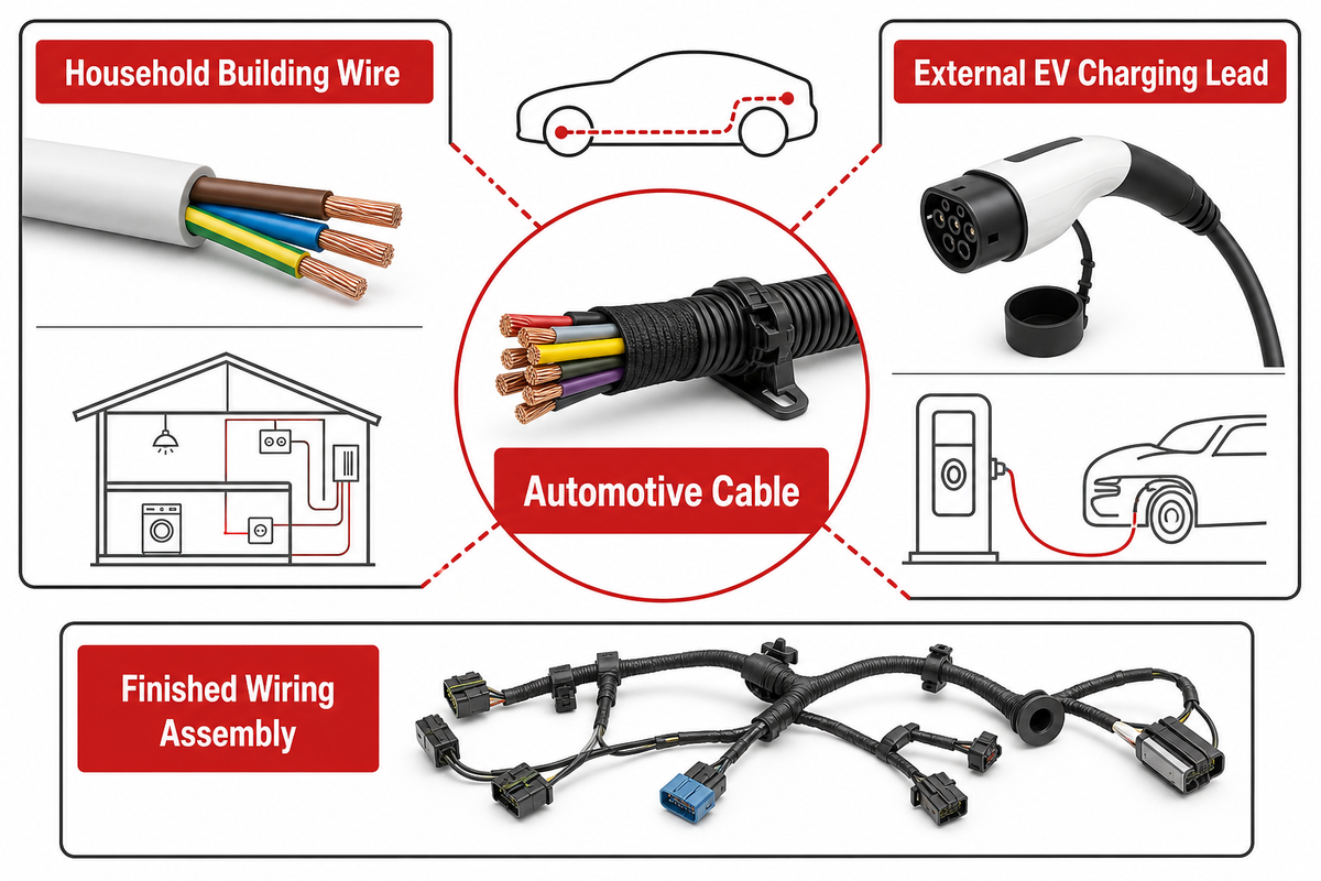 Automotive cable is one in-vehicle component, distinct from building wire, charging leads and complete harnesses (ISO 19642-1)