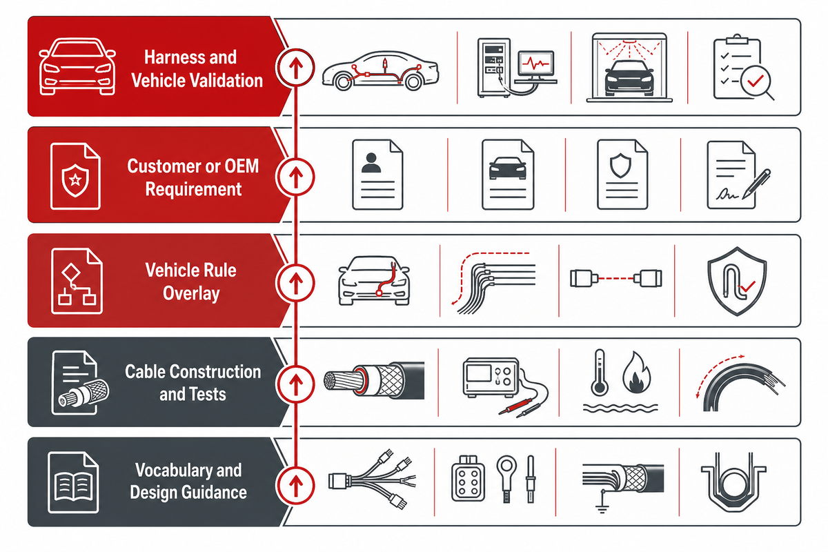 Five evidence levels separate terminology, cable tests, vehicle rules, OEM requirements and installed validation (ISO, SAE, NHTSA)