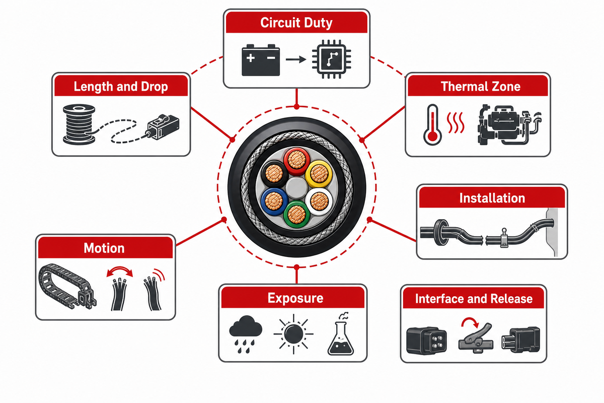Seven duty-envelope inputs govern cable sizing beyond current alone: duty, length, heat, installation, motion, exposure and release (UL)