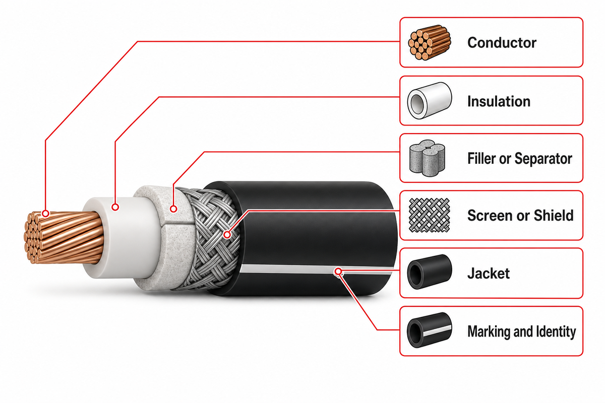 Six cable layers each need a function and proof request; RF channels also require termination and channel evidence (ISO 19642-11, NIST)