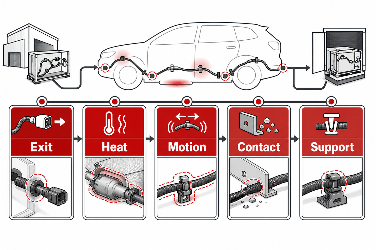 Five-point route audit checks cable exit, heat, motion, contact and support before harness release (NHTSA recall 21V-534)