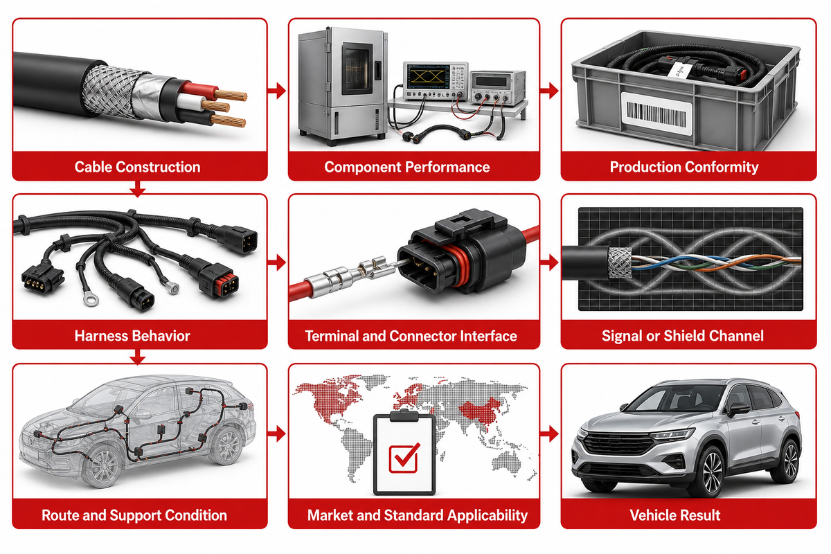 Nine validation levels connect exact cable construction to production, harness, route, market and installed-vehicle release evidence (UL, NHTSA)