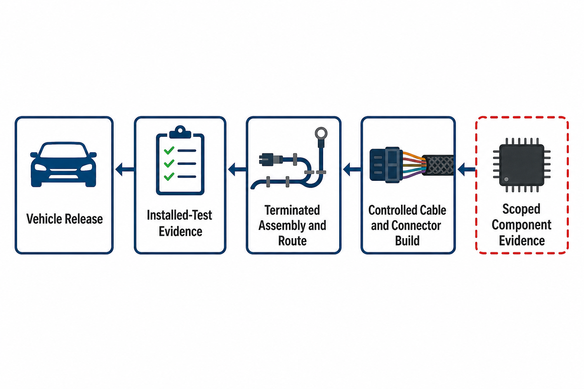 Release evidence audits backward from installed vehicle to assembly, controlled build and scoped component evidence (UL, NHTSA)