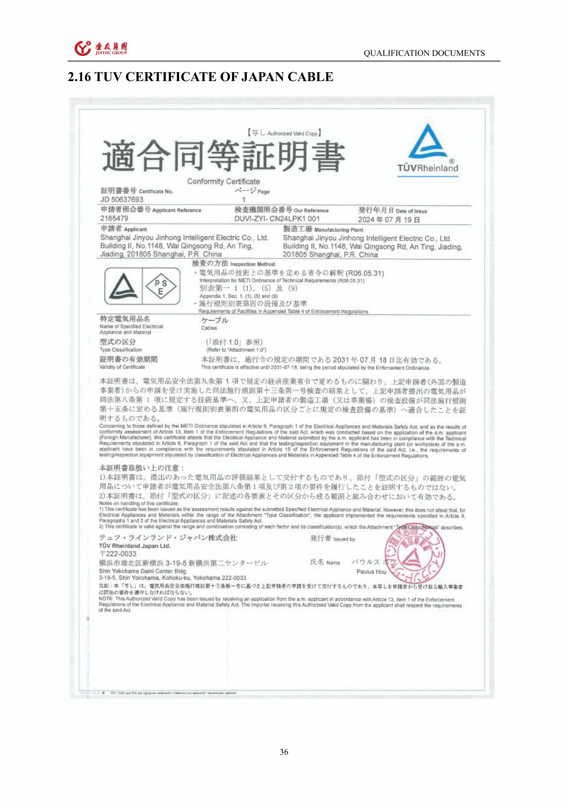 Jinyou Cable Certificate Document 1