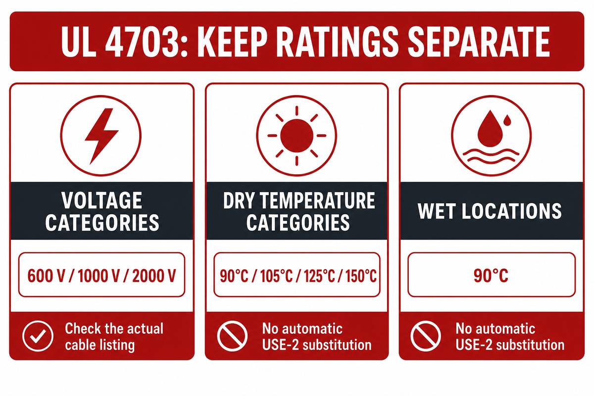 UL 4703 PV wire and the USE-2 boundary — Separates standard rating categories and prevents dry temperature from being treated as the wet rating.
