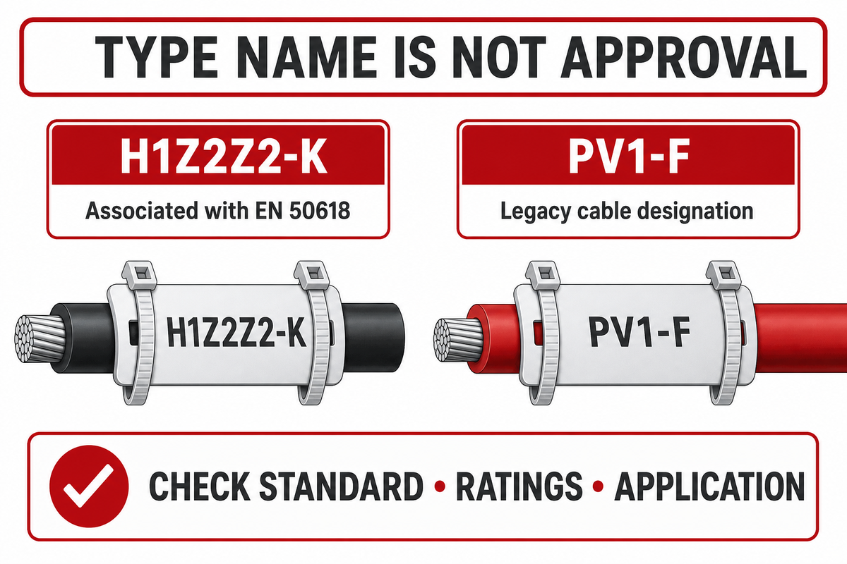 H1Z2Z2-K and PV1-F: reading the cable type — Shows that a designation guides further checking and is not itself a blanket substitution approval.