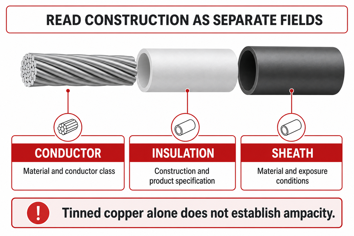 Conductor and insulation requirements in solar cables — Differentiates conductor, insulation and sheath without inventing a material or ampacity specification.