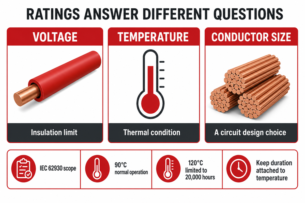 Voltage, conductor temperature and cable size — Preserves the duration restriction of the higher thermal condition and keeps voltage separate from current capacity.