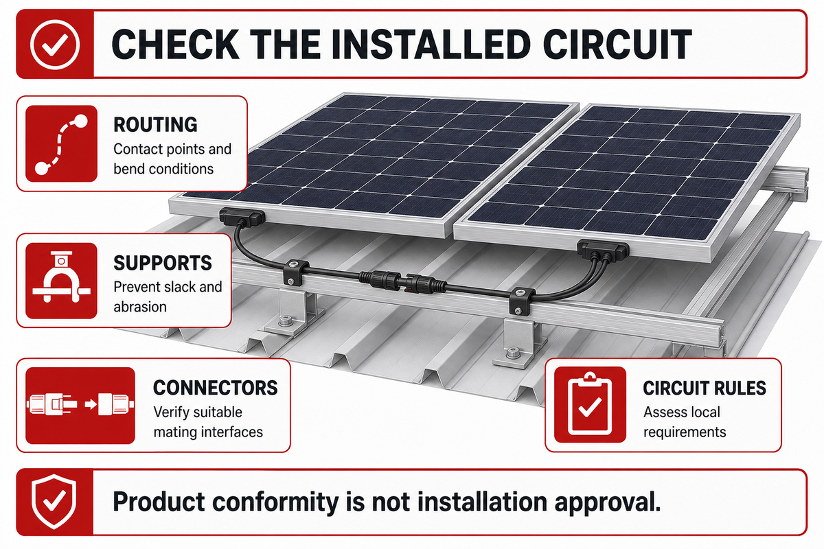 The installation checks a cable standard leaves open — Connects product conformity to the separate routing, support, connector and circuit assessments.