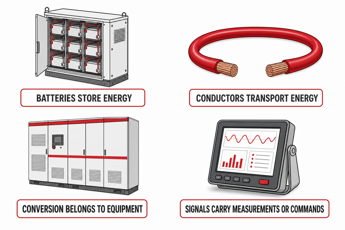 Batteries store energy, cables transport it and conversion equipment changes its form; based on Sandia.