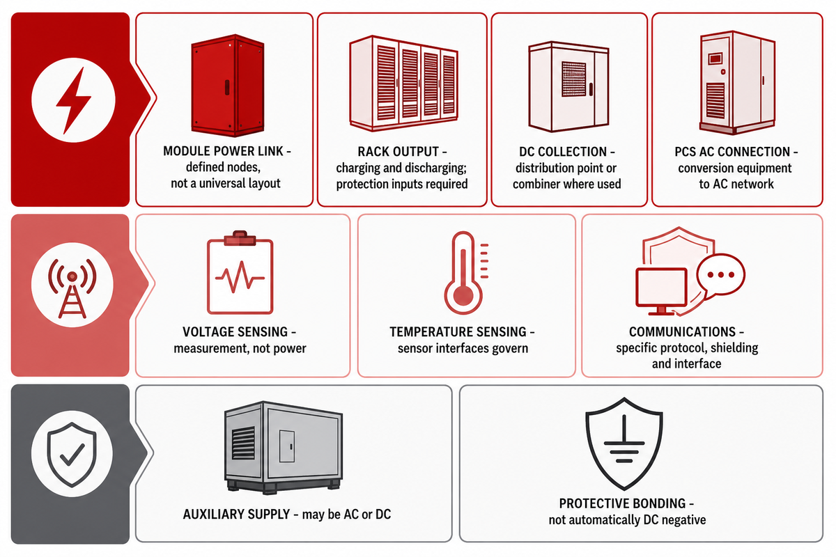 Power, sensing, communication, auxiliary and protective connections have distinct duties; guide synthesis.