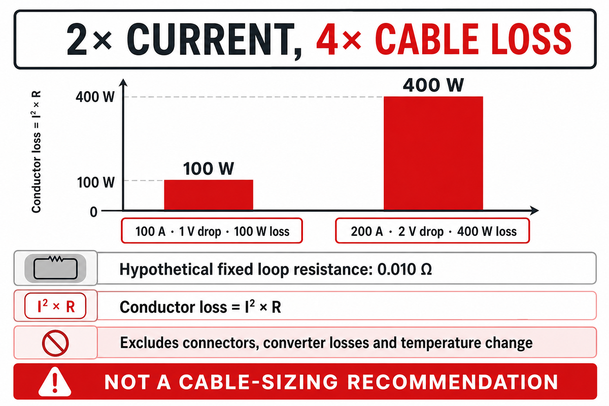 At fixed 0.010 ohm loop resistance, 200 A causes four times the conductor loss of 100 A; illustrative calculation.