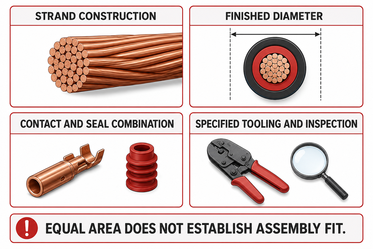 Equal conductor area does not prove strand, diameter or terminal fit; based on UL and the guide's scenario.