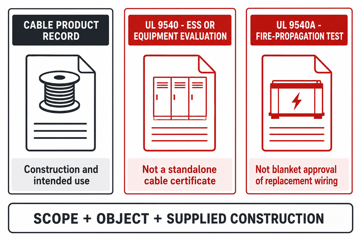 Cable records, UL 9540 evaluations and UL 9540A reports answer different questions; based on UL scope descriptions.