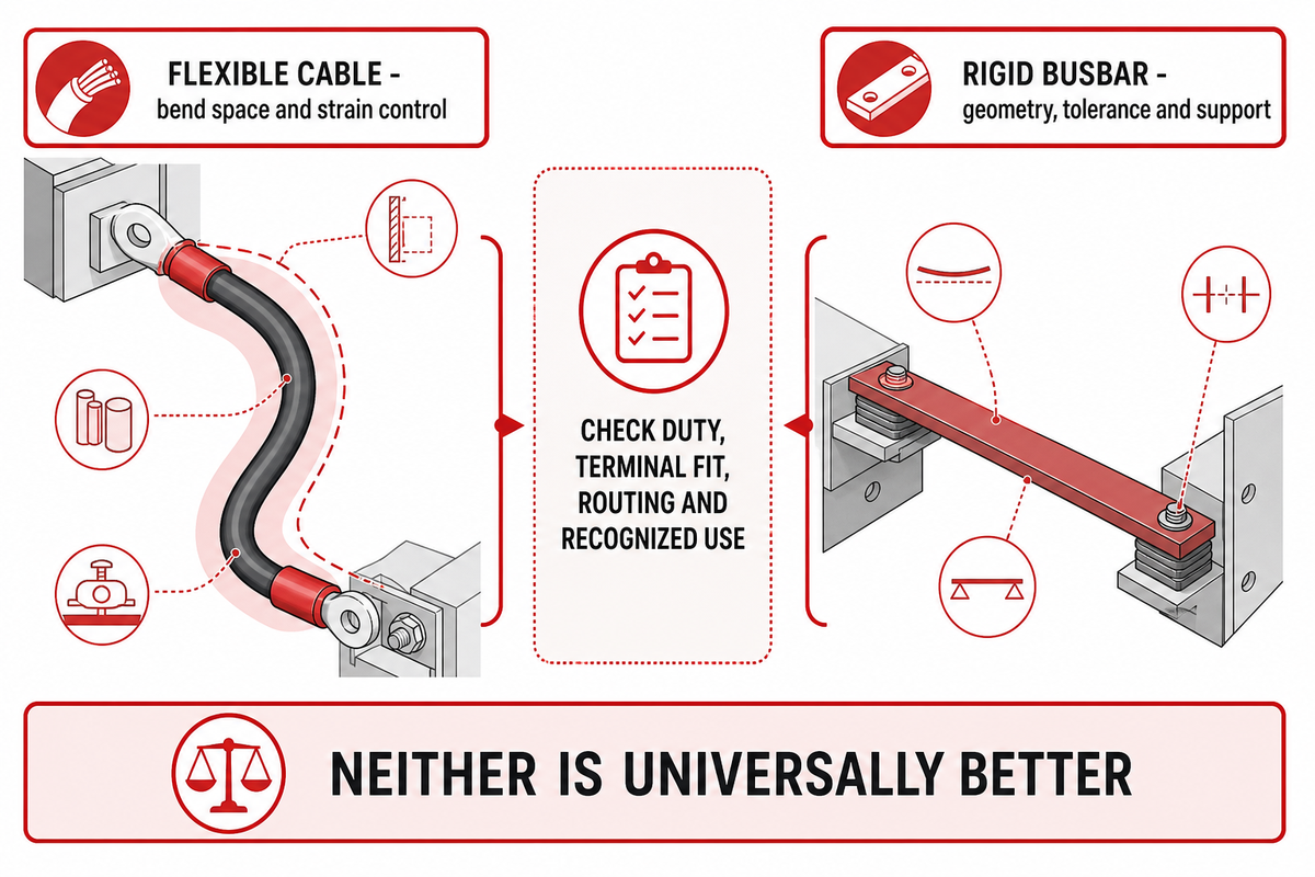 Cable and busbar substitution requires duty, interface and mechanical review; based on OSHA suitability principles.
