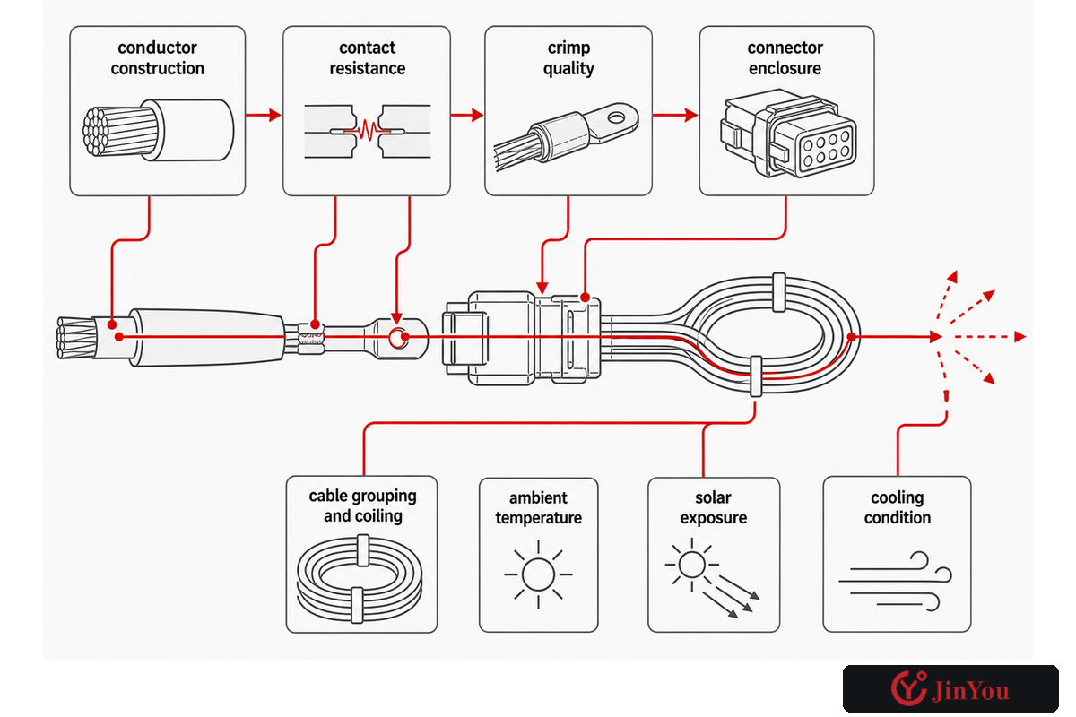 Heat-path diagram links conductor, contacts, crimp, enclosure, route, ambient and cooling evidence