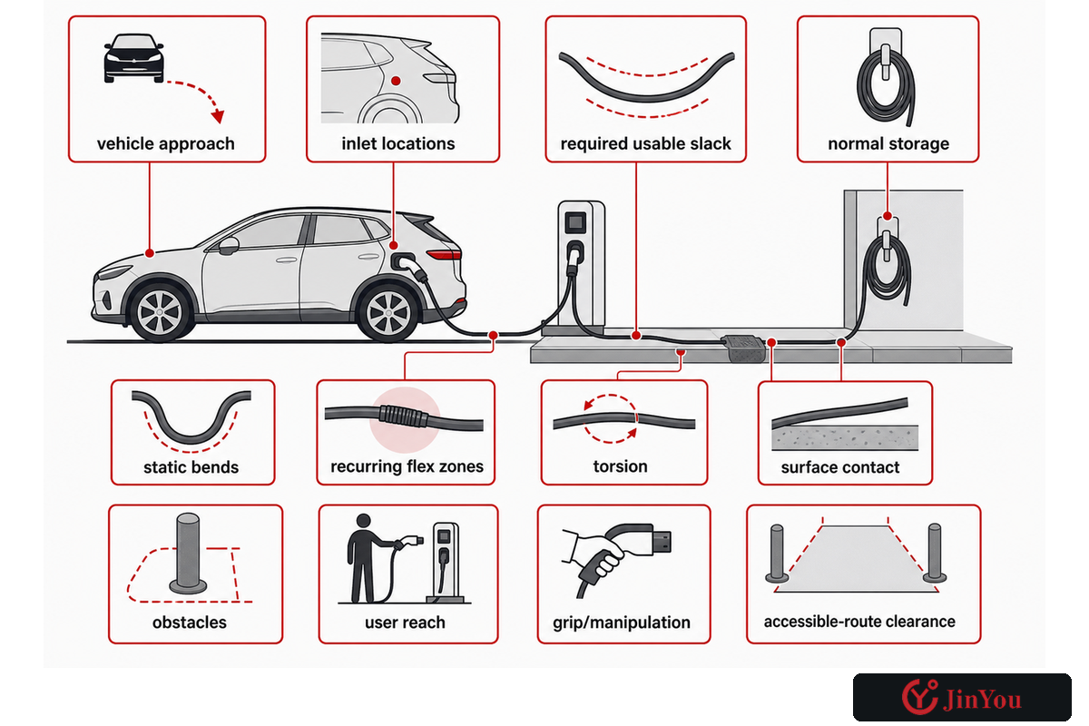 Route record captures vehicle approach, cable path, storage, handling and accessible clearance
