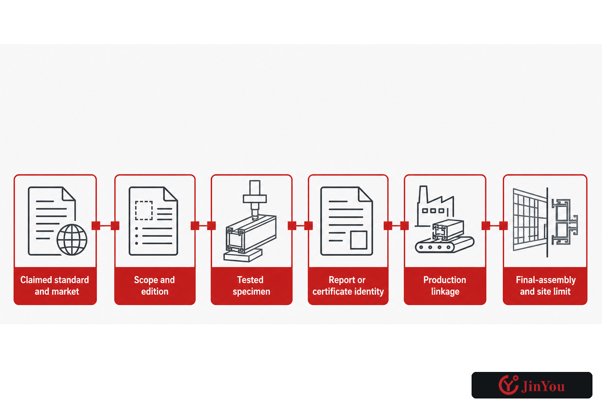 Qualification chain connects standard scope, tested specimen, certificate identity and production linkage