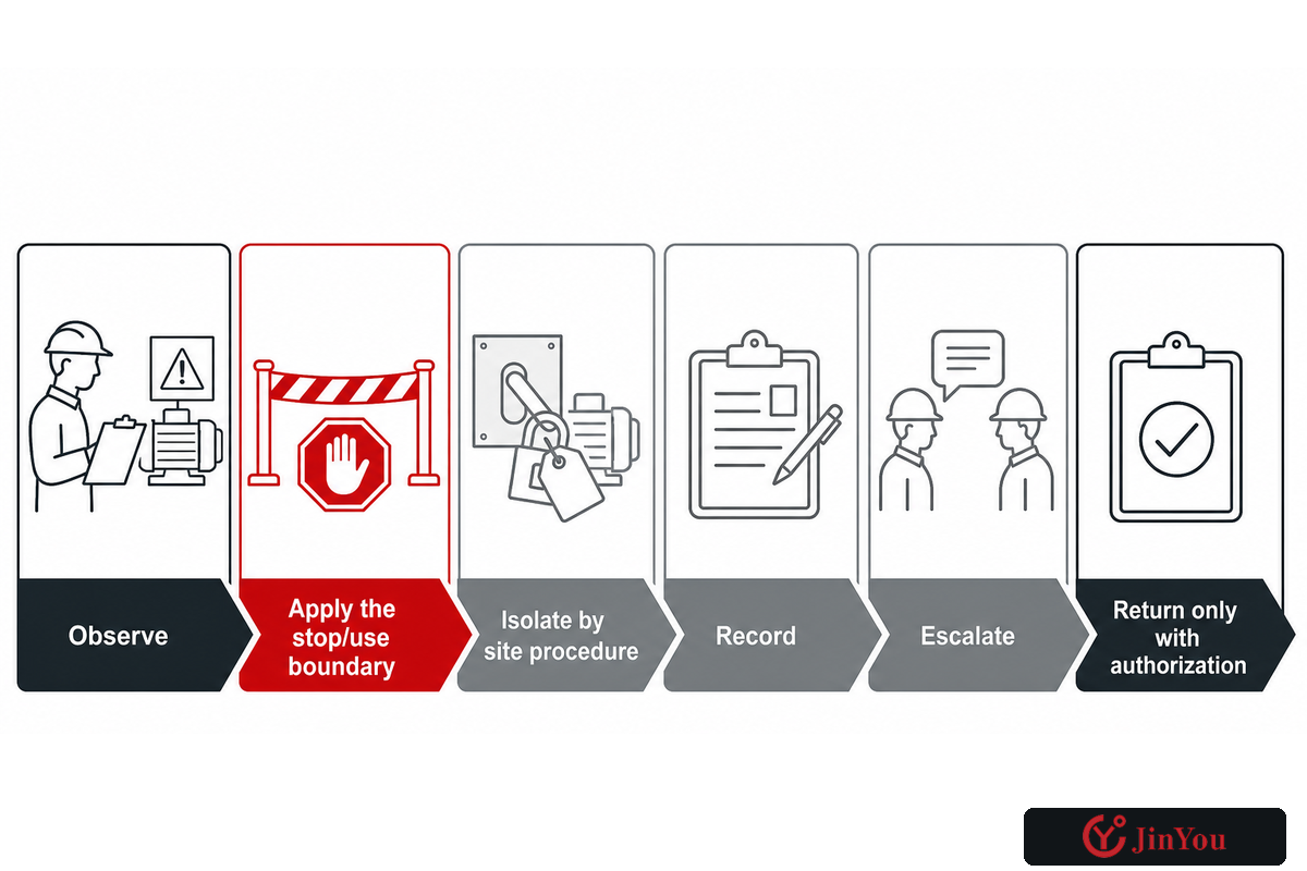 Stop-use ladder moves from observation and isolation through recording, escalation and authorised return