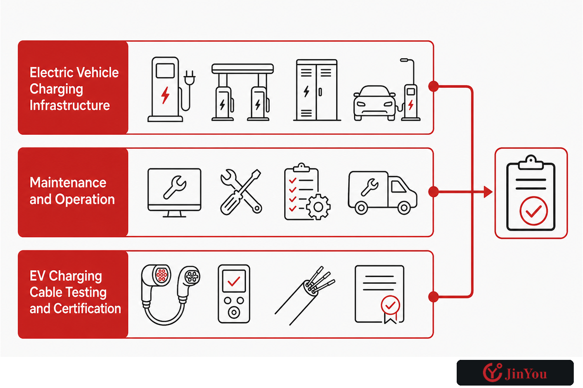 Reference-use map links charging infrastructure, maintenance and cable-testing sources to review decisions