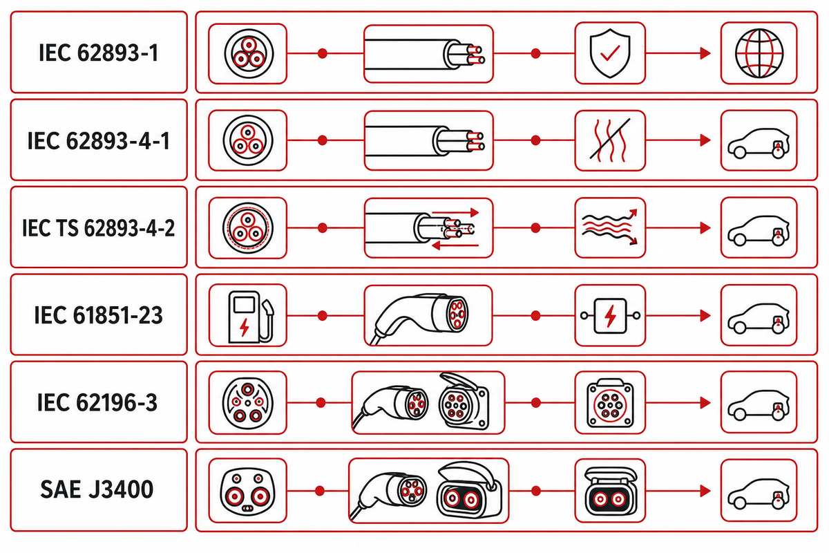 Standards-to-object map for IEC 62893 cable scopes, DC EVSE, couplers and SAE J3400