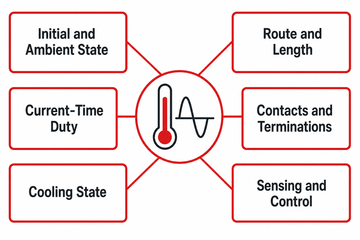 Six-factor EV DC charging cable thermal assumption register for comparable test evidence