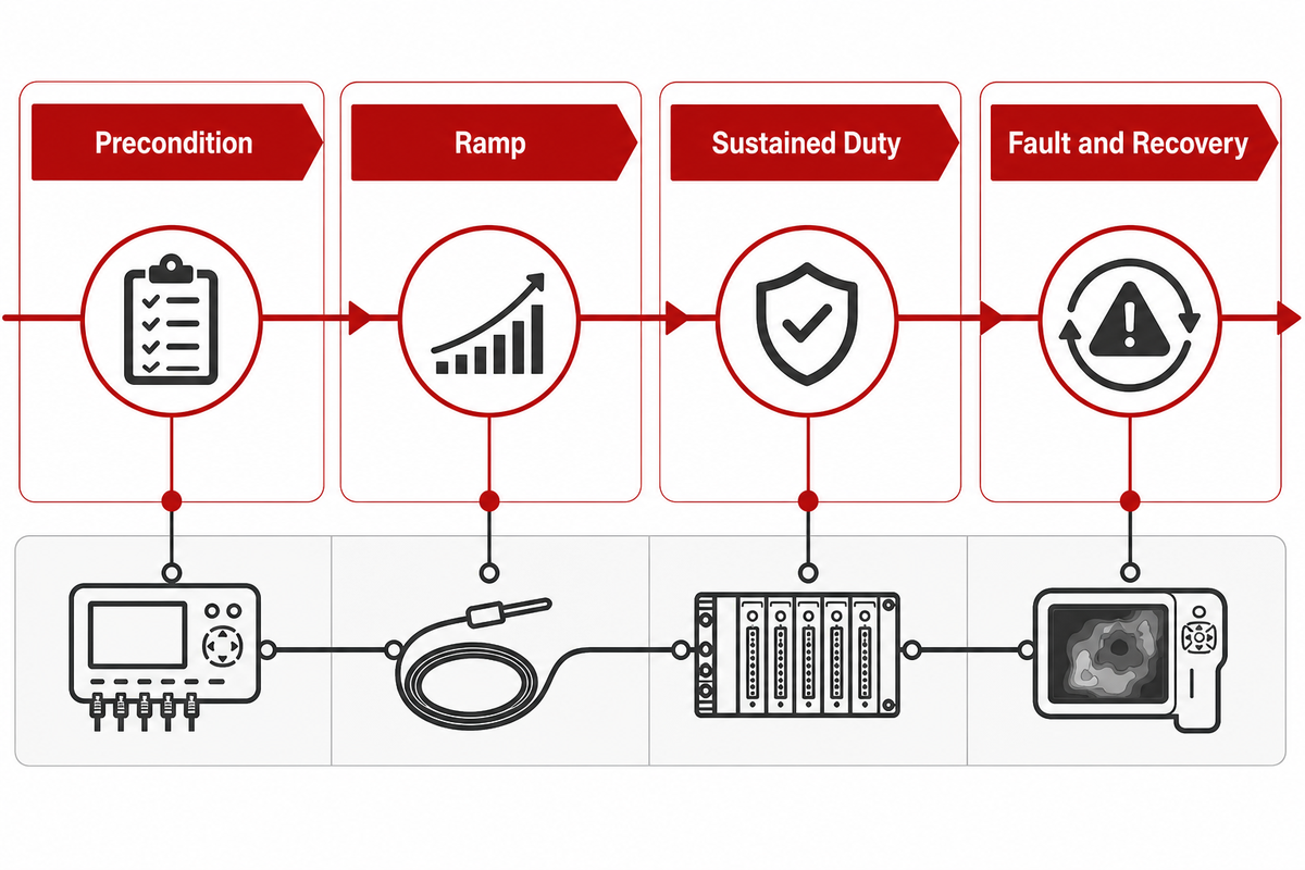 Four-stage EV DC charging cable duty replay from precondition through fault and recovery