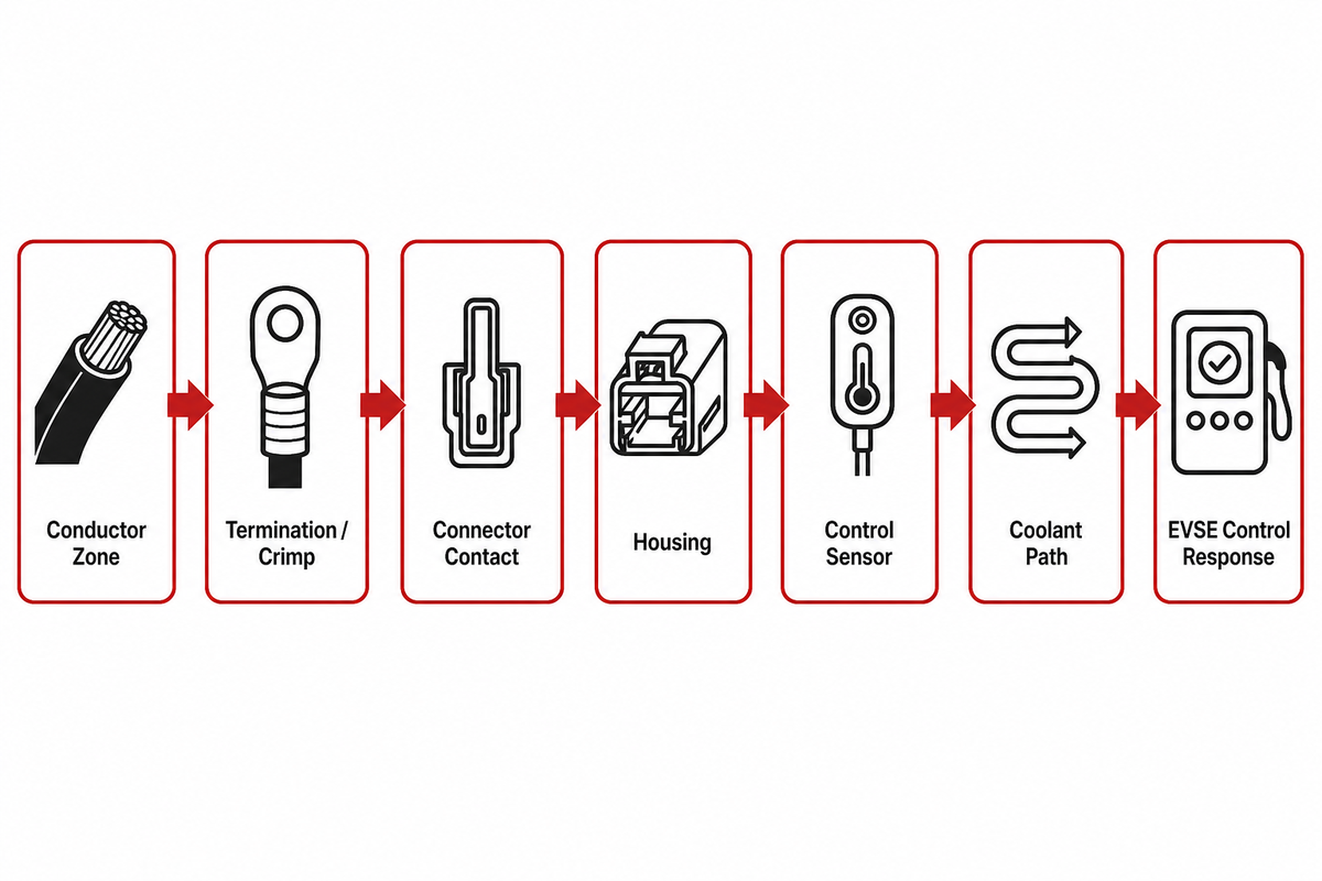 EV DC charging cable heat-chain measurement map from conductor to EVSE controller