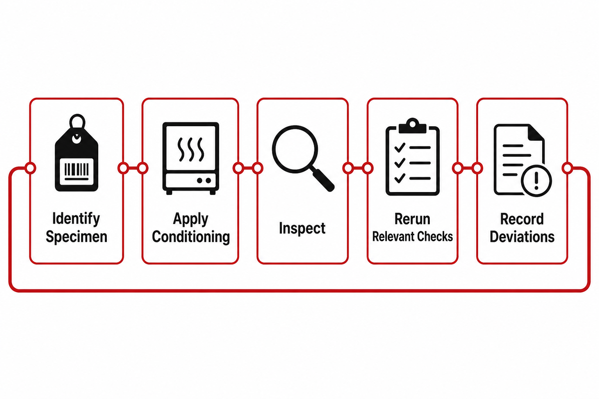 Five-step cable conditioning and retest evidence sequence for one traceable specimen