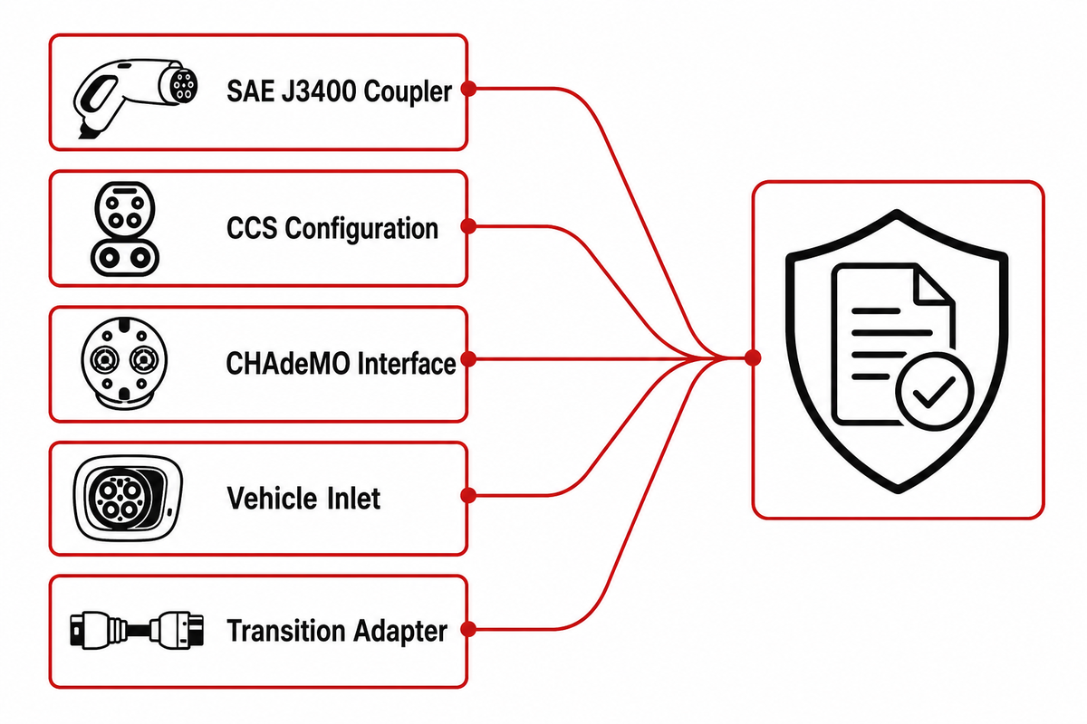 J3400, CCS, CHAdeMO, vehicle inlet and adapter interface evidence boundaries