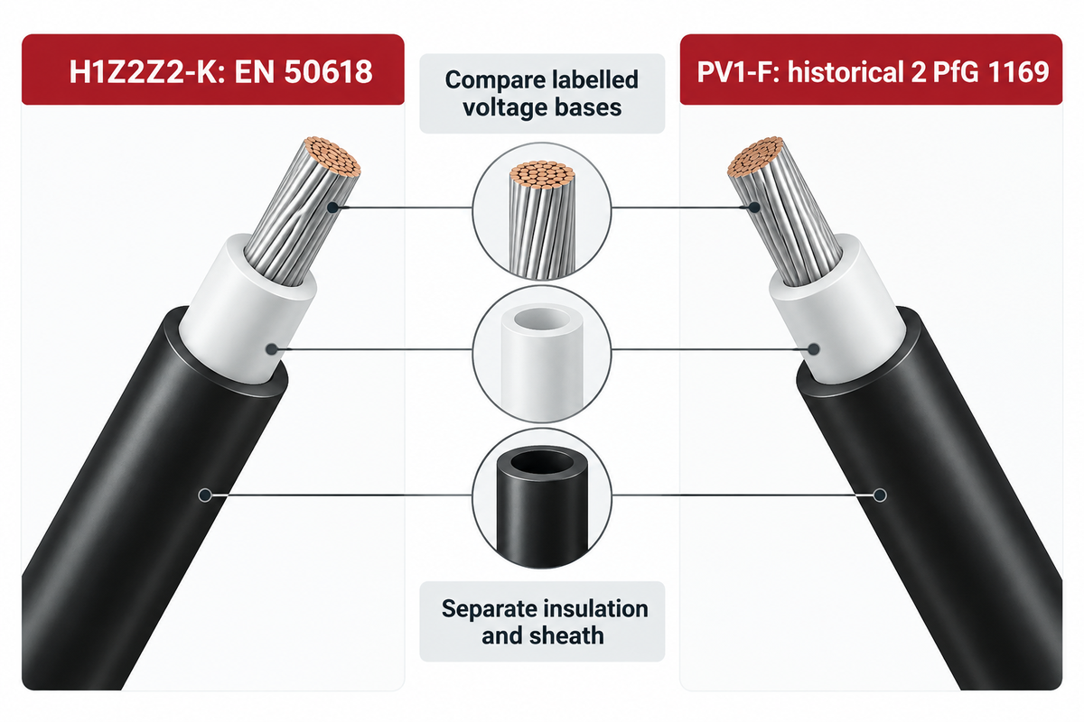 H1Z2Z2-K: EN 50618; PV1-F: historical 2 PfG 1169; Compare labelled voltage bases; Separate insulation and sheath. Source: article standard scopes and named product evidence.