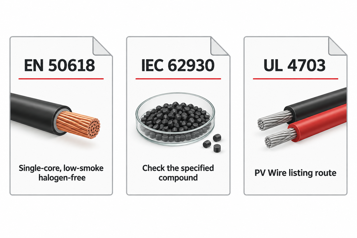 EN 50618; Single-core, low-smoke halogen-free; IEC 62930; Check the specified compound; UL 4703; PV Wire listing route. Source: article standard scopes and named product evidence.