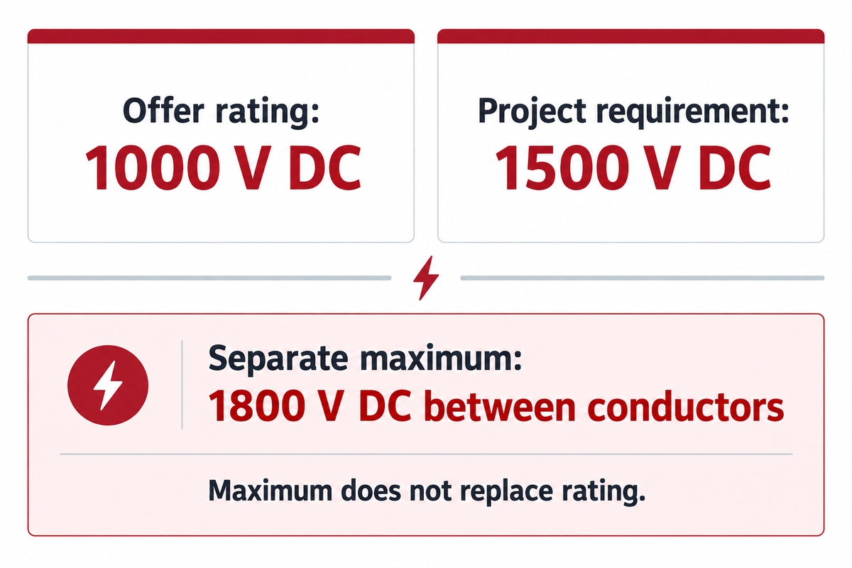 Offer rating: 1000 V DC; Project requirement: 1500 V DC; Separate maximum: 1800 V; Maximum does not replace rating. Source: article standard scopes and named product evidence.