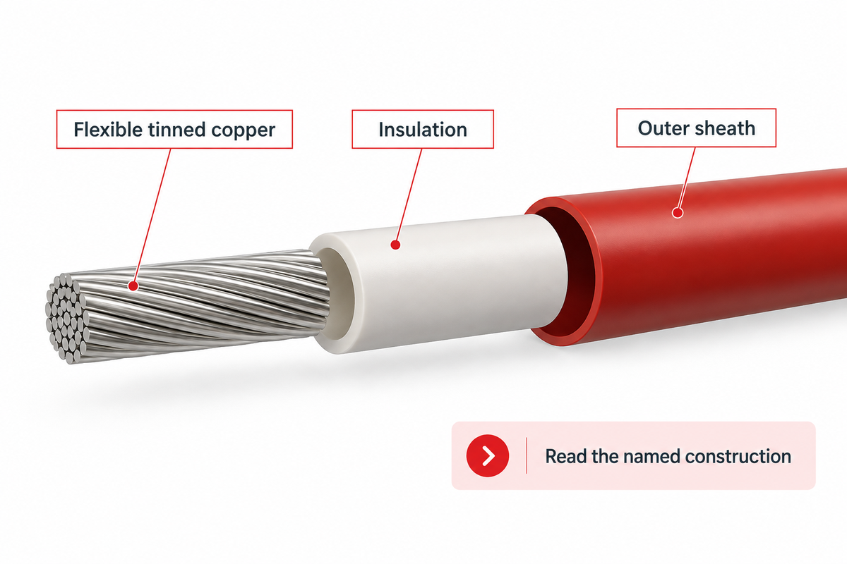 Flexible tinned copper; Insulation; Outer sheath; Read the named construction. Source: article standard scopes and named product evidence.