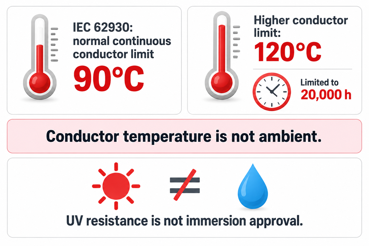 Normal conductor limit: 90°C; Higher conductor limit: 120°C; Limited to 20,000 h; Conductor temperature is not ambient; UV resistance is not immersion approval. Source: article sta