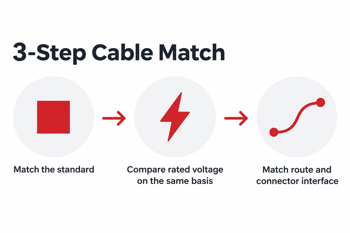 3-Step Cable Match; Match the standard; Compare rated voltage on the same basis; Match route and connector interface. Source: article standard scopes and named product evidence.