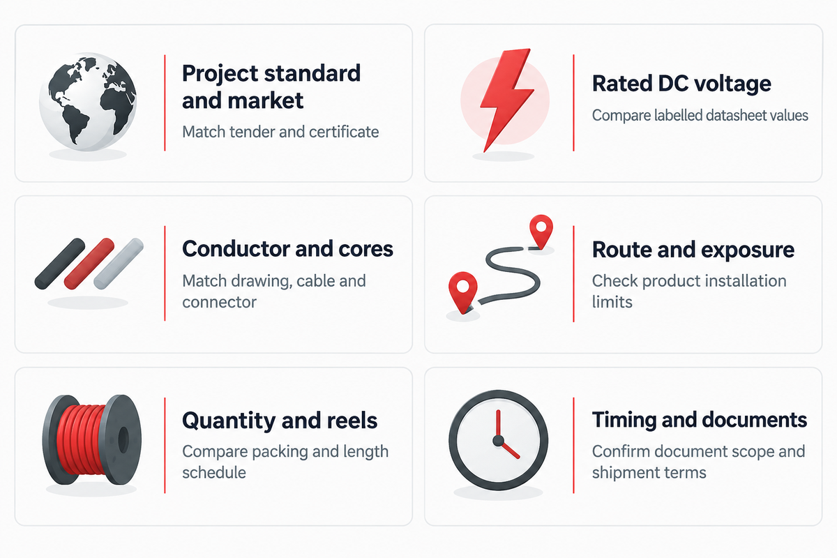 Project standard and market; Match tender and certificate; Rated DC voltage; Compare labelled datasheet values; Conductor and cores; Match drawing, cable and connector; Route and e