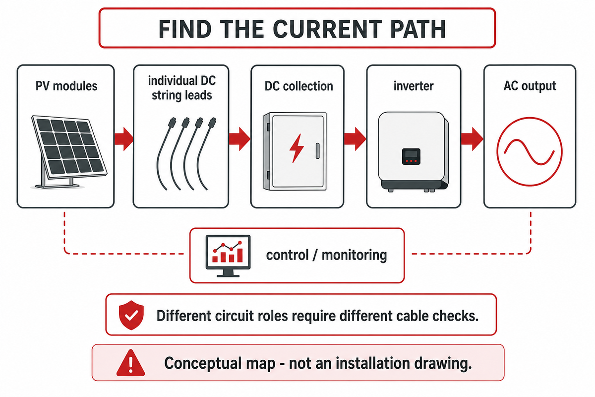 DC string leads, collection cables and AC output have different duties; conceptual illustration based on University of Maryland circuit guidance.