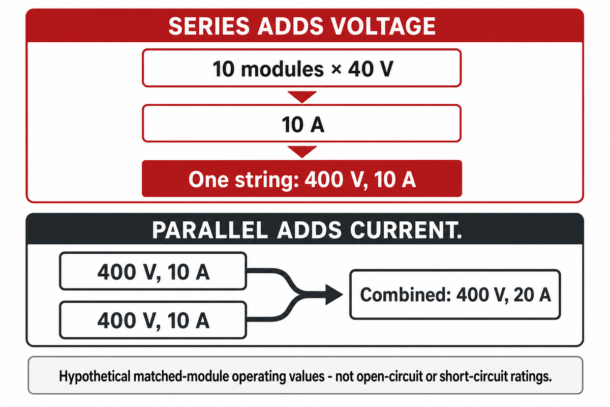 Ten assumed 40 V modules form a 400 V string; two assumed 10 A strings combine to 20 A, following University of Maryland circuit principles.