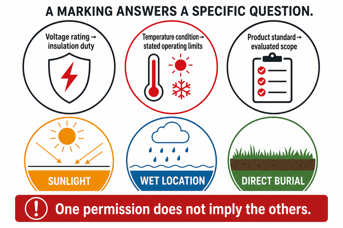 Voltage, temperature and exposure markings answer separate questions; conceptual summary of UL cable evaluation guidance.