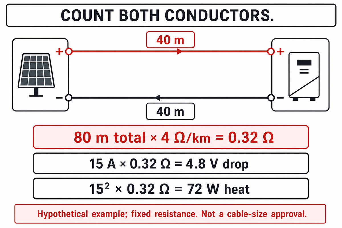 A hypothetical 40 m route includes 80 m of conductor, yielding 4.8 V drop and 72 W heat at 15 A; calculated using Sandia's DC loss relationships.