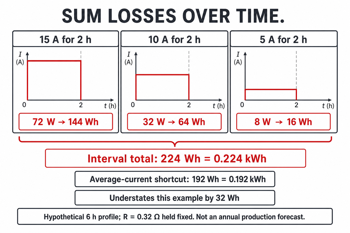 The hypothetical interval profile loses 224 Wh, compared with 192 Wh from average current alone; calculation follows Sandia's current-squared loss model.