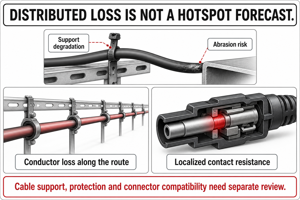 Conductor heat spreads along a route while contact resistance can localize heat; conceptual mechanisms from Sandia and U.S. Department of Energy guidance.